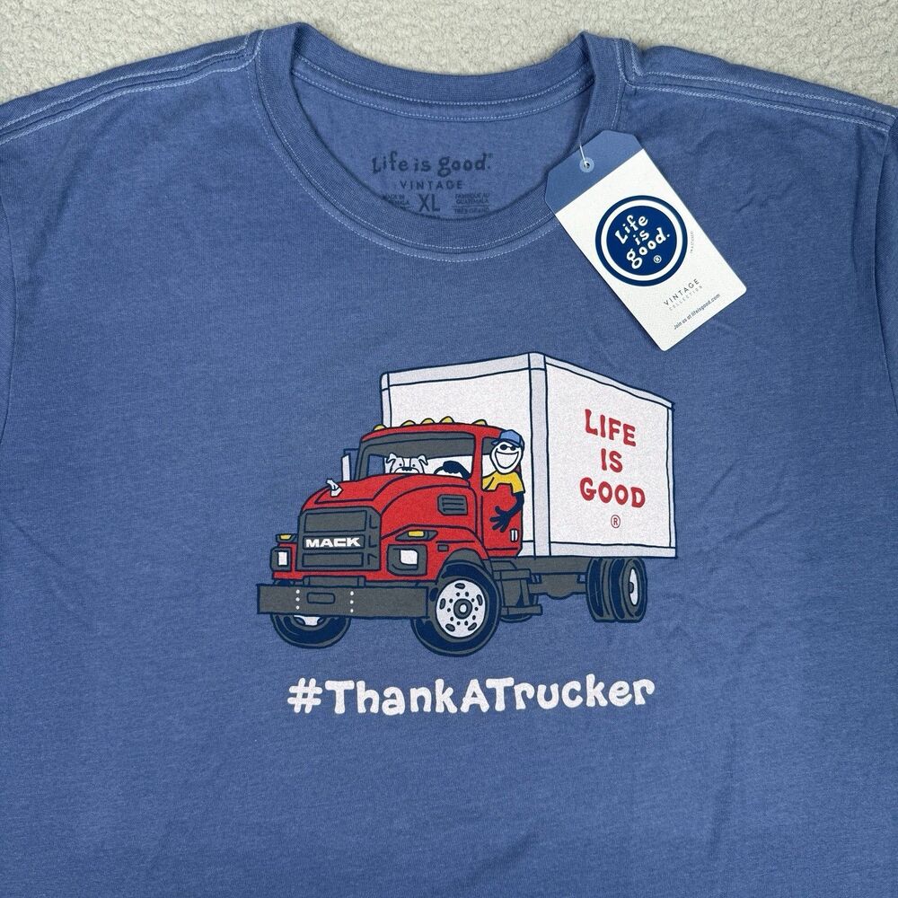 Life‎ Is Good Shirt Mens XL Blue Mack Trucks Thank A Trucker Crusher Tee NWT New